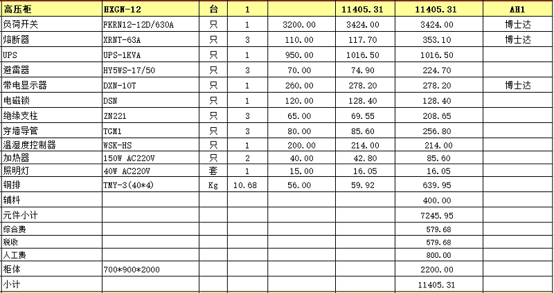 高壓柜配置清單