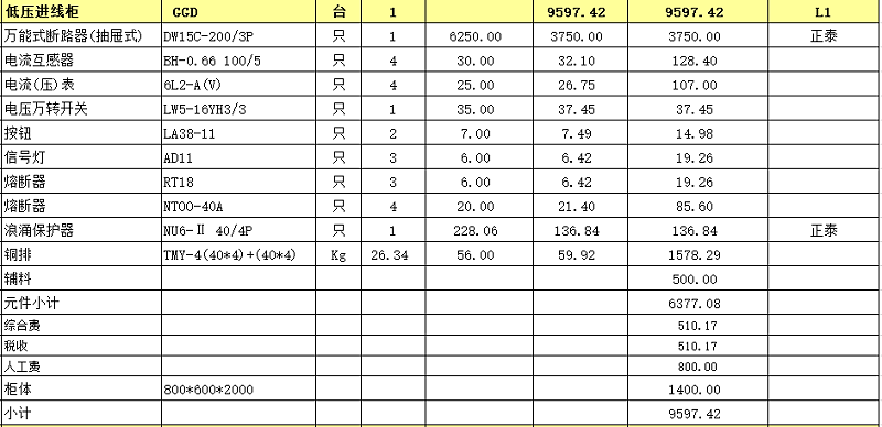 低壓進(jìn)線柜報價清單